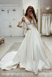A-Line Satin Long Sleeves V-Neck Vintage Wedding Dresses Without Veil TN324