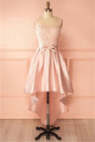 A-Line Scoop High Low Pink Satin Homecoming Dress With Appliques TR0200