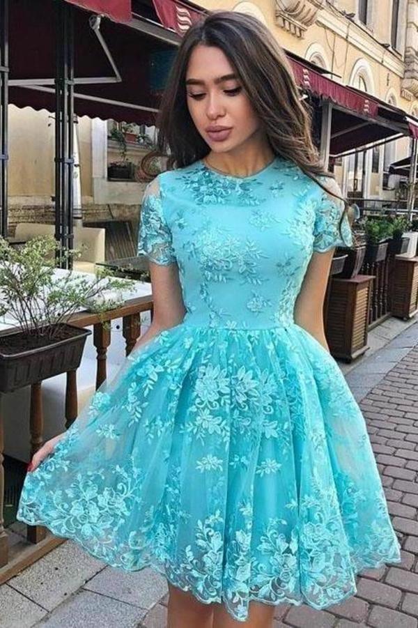 A-Line Short Sleeves Short Pink Homecoming Dress with Lace Appliques HD0024 - Custom Size / Turquoise A-Line Short Sleeves Short Pink Homecoming Dress with Lace Appliques HD0024 - Custom Size / Turquoise