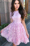 A-Line Short Sleeves Short Pink Homecoming Dress with Lace Appliques HD0024 - Tirdress