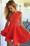 A-Line Sleeveless Red Satin Homecoming Dress With Lace TR0186