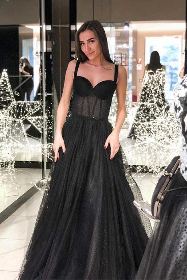 A-Line Spaghetti Straps Long Prom Dress Sleeveless Black Evening Dress TP0956 - Tirdress