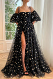 A-Line Tulle Black Long Prom Dress, Black Tulle Formal Evening Dress TP1142