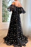 A-Line Tulle Black Long Prom Dress, Black Tulle Formal Evening Dress TP1142 - Tirdress