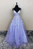 A-Line V-Neck Lavender Lace Floral Long Prom Formal Dress TP1182 - Tirdress