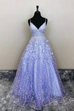 A-Line V-Neck Lavender Lace Floral Long Prom Formal Dress TP1182