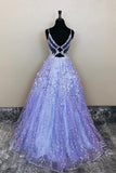 A-Line V-Neck Lavender Lace Floral Long Prom Formal Dress TP1182 - Tirdress