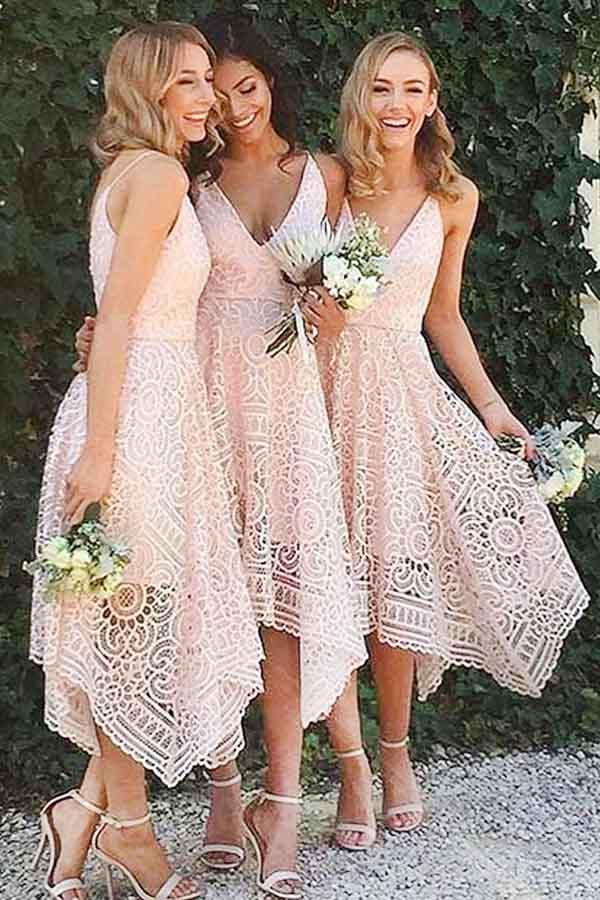 A-Line V-Neck Pearl Pink Lace Bridesmaid Prom Dress TP0084 - Tirdress