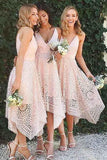 A-Line V-Neck Pearl Pink Lace Bridesmaid Prom Dress TP0084