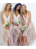 A-Line V-Neck Pearl Pink Lace Bridesmaid Prom Dress TP0084 - Tirdress