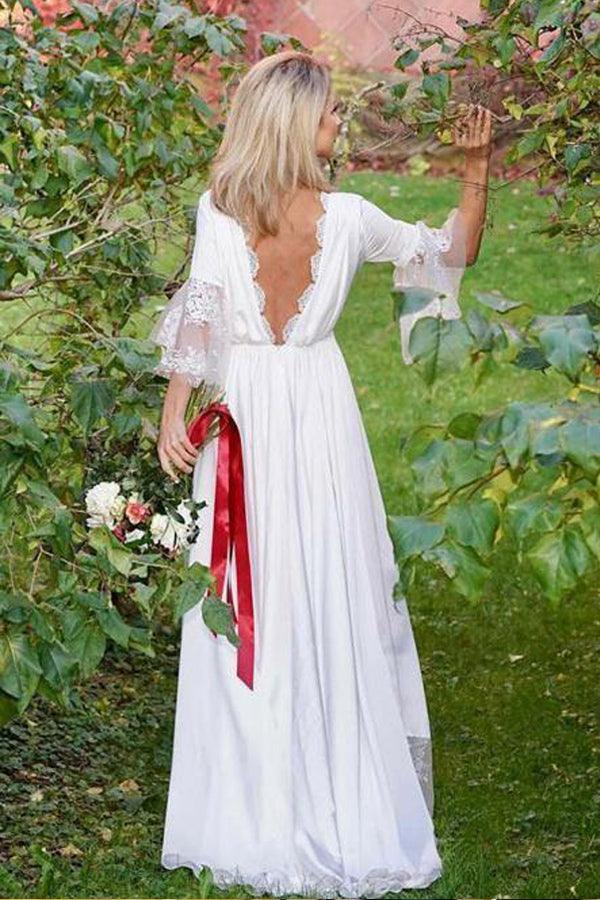 A-Line V-Neck 3/4 Sleeves Satin Boho Wedding Dress with Lace TN252 US16 / Custom Color A-Line V-Neck 3/4 Sleeves Satin Boho Wedding Dress with Lace TN252 US16 / Custom Color