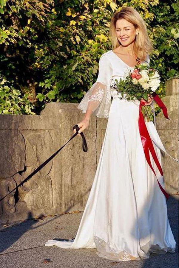 A-Line V-Neck 3/4 Sleeves Satin Boho Wedding Dress with Lace TN252 Custom size / Ivory