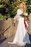A-Line V-Neck V Back 3/4 Sleeves Satin Boho Wedding Dress with Lace TN252