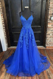 A-Line V Neck Straps Tulle Royal Blue Prom Dress With Appliques TP1186