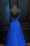 A-Line V Neck Straps Tulle Royal Blue Prom Dress With Appliques TP1186 - Tirdress