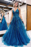 A-Line V Neck Tulle Lace Long Prom Dress Blue Tulle Lace Evening Dress TP1196