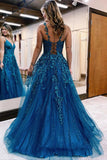 A-Line V Neck Tulle Lace Long Prom Dress Blue Tulle Lace Evening Dress TP1196 - Tirdress