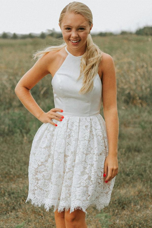 A-Line Ivory Lace Halter Backless Short Prom Dress Homecoming Dress US14 / As Picture A-Line Ivory Lace Halter Backless Short Prom Dress Homecoming Dress US14 / As Picture