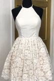 A-Line Ivory Lace Halter Backless Short Prom Dress Homecoming Dress HD0153 - Tirdress