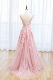 A-line Lace Pink Long Prom Dress Lace V Neck Formal Dress TP1137 - Tirdress