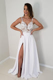 A-line Lace Sleeveless White Chiffon Wedding Dress with Slit TN325