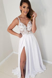 A-line Lace Sleeveless White Chiffon Wedding Dress with Slit TN325 - Tirdress