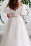 A-line Off White Short Sleeves Long Prom Dresses Organza Evening Dress TP0946 - Tirdress
