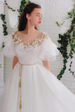 A-line Off White Short Sleeves Long Prom Dresses Organza Evening Dress TP0946 - Tirdress