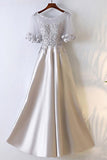 A-line Silver Satin Long Party Prom Dress With Illusion Neckline   TD002