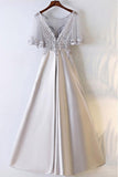 A-line Silver Satin Long Party Prom Dress With Illusion Neckline TD002 - Tirdress