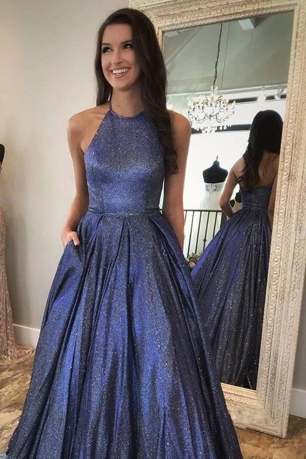 A line Sparkly Halter Neck Long Prom Dresses Cute Formal Dress TP1166 Tirdress