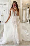 A-line Straps Long Ivory Tulle Bridal Wedding Dress with Lace TN330 - Tirdress