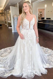 A-line Straps Long Ivory Tulle Bridal Wedding Dress with Lace TN330 - Tirdress