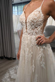 A-line Straps Long Ivory Tulle Bridal Wedding Dress with Lace TN330 - Tirdress