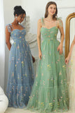 A-line Sweetheart Grey Blue Embroidery Long Prom Formal Dress TP1159 - Tirdress