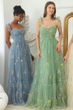 A-line Sweetheart Grey Blue Embroidery Long Prom Formal Dress TP1159