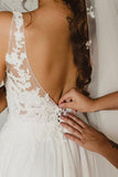 A-line V-Neck Lace Ivory Wedding Bridal Dress with Slit TN327 - Tirdress