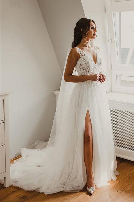 A-line V-Neck Lace Ivory Wedding Bridal Dress with Slit TN327 - Tirdress