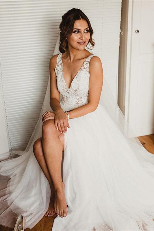 A-line V-Neck Lace Ivory Wedding Bridal Dress with Slit TN327-Tirdress A-line V-Neck Lace Ivory Wedding Bridal Dress with Slit TN327-Tirdress