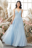 A-line V Neck Sky Blue Lace Prom Dress Lavender Formal Dress TP1167 - Tirdress