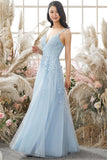 A-line V Neck Sky Blue Lace Prom Dress Lavender Formal Dress TP1167 - Tirdress
