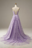 A-line V Neck Sky Blue Lace Prom Dress Lavender Formal Dress TP1167 - Tirdress