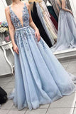 A-line V neck Sky Blue Long Prom Dress Court Train Formal Dress TP1064 - Tirdress
