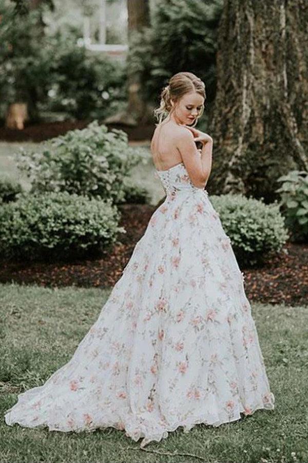 A Line Floral Long Prom Dresses Strapless Beautiful Flower Printed Prom Dress TP0911 - Tirdress