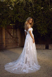 A Line Off the Shoulder Lace Tulle Wedding Dresses Rustic Wedding Gown TN232 - Tirdress