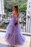 A Line Purple Tulle Long Prom Dresses Layered Evening Formal Dresses TP1100