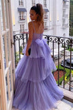 A Line Purple Tulle Long Prom Dresses Layered Evening Formal Dresses TP1100 - Tirdress