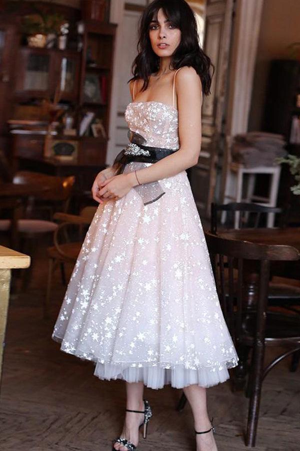 A Line Spaghetti Straps Tea Length Pearl Pink Prom Dress With Stars TP0860 - Tirdress
