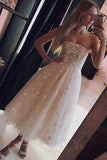 A Line Spaghetti Straps Tea Length Pearl Pink Prom Dress With Stars TP0860 - Tirdress