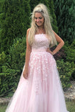 A Line Strapless Tulle Pink Appliques Prom Dress With Beading TP1168 - Tirdress